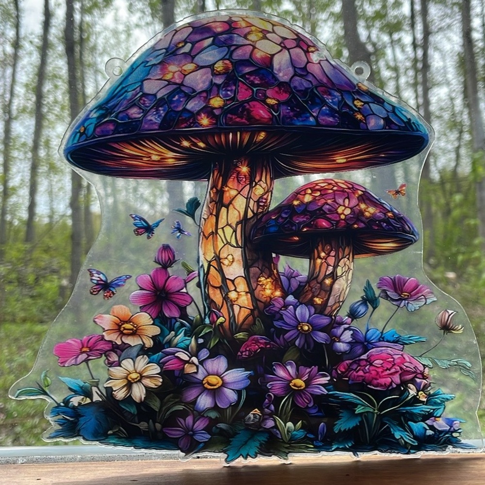 Suncatcher Acrylic Purple Mushroom Garden Faux Stained Glass Decoration New Gift